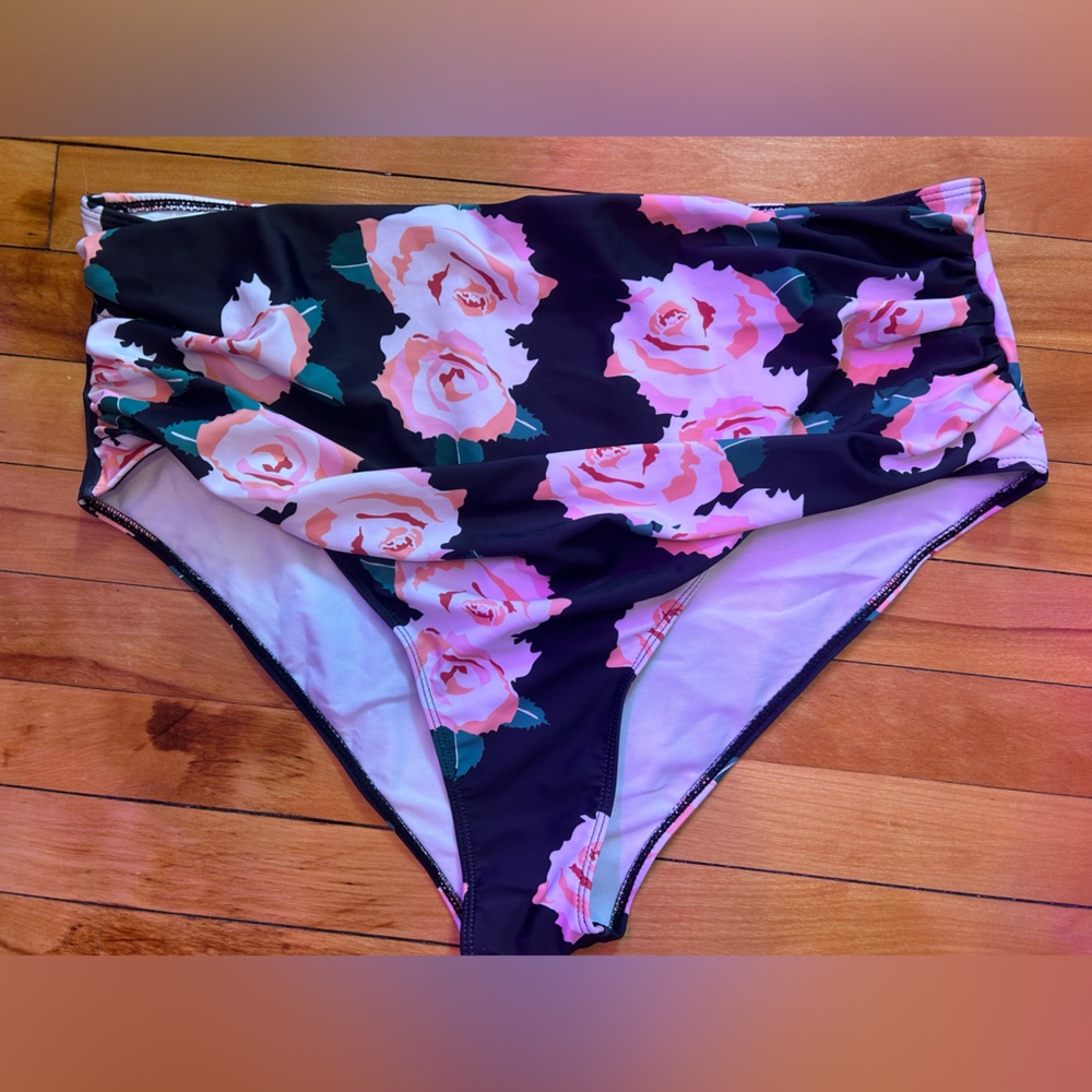 Shein black swim bottom with pink roses size 4xl